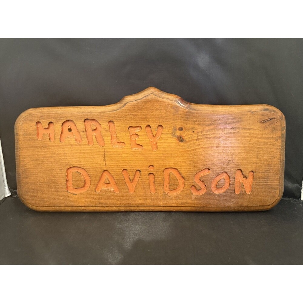 Vintage Harley Davidson Carved Wood Sign Made in USA Orange Garage Bar Decor